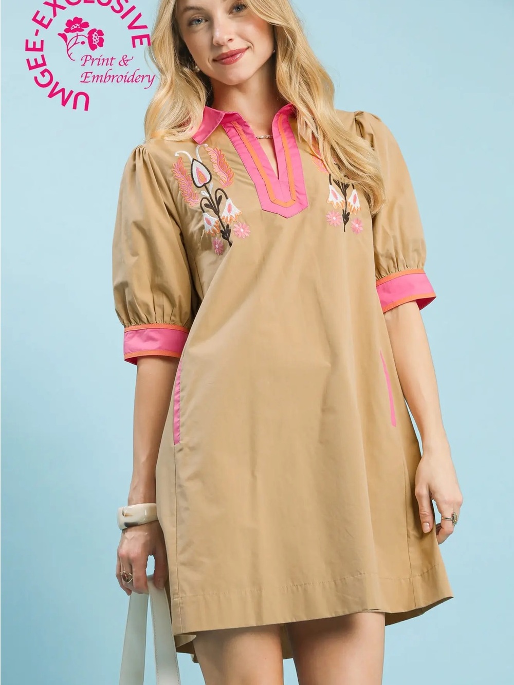 Umgee Tan Tunic Dress with Hot Pink Trim & Floral Embroidery
